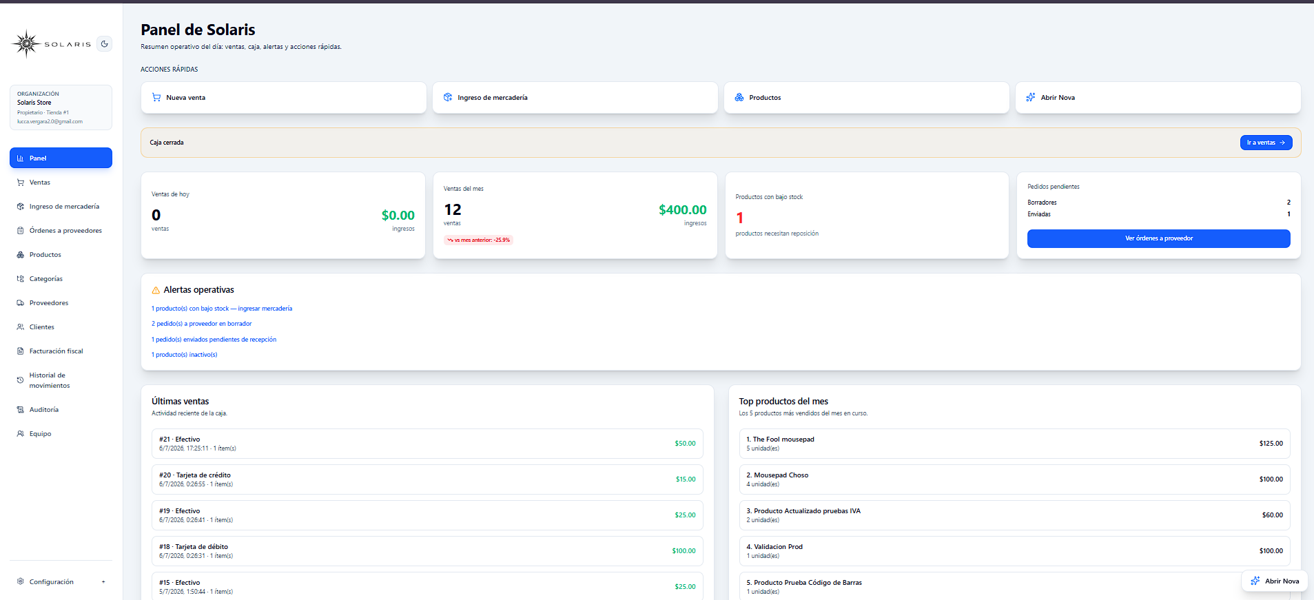 SolarisManager dashboard dark mode preview